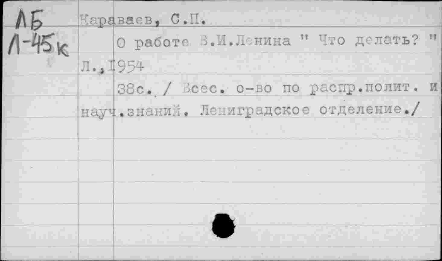 ﻿	Кара	[ваев, С.П.
Л%к		0 работе В.И.Ленина ” Что делать? ”
	Л./1	954
		38с. / Всес. о-во по распр.полит, и
	ядлр	[.знании. Леииградское отделение./
		